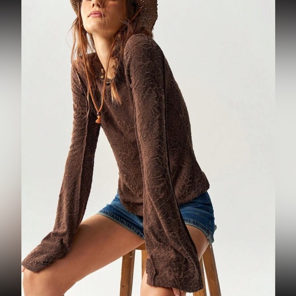 Boho brown lace patchwork bell sleeve top - Picture 6 of 16